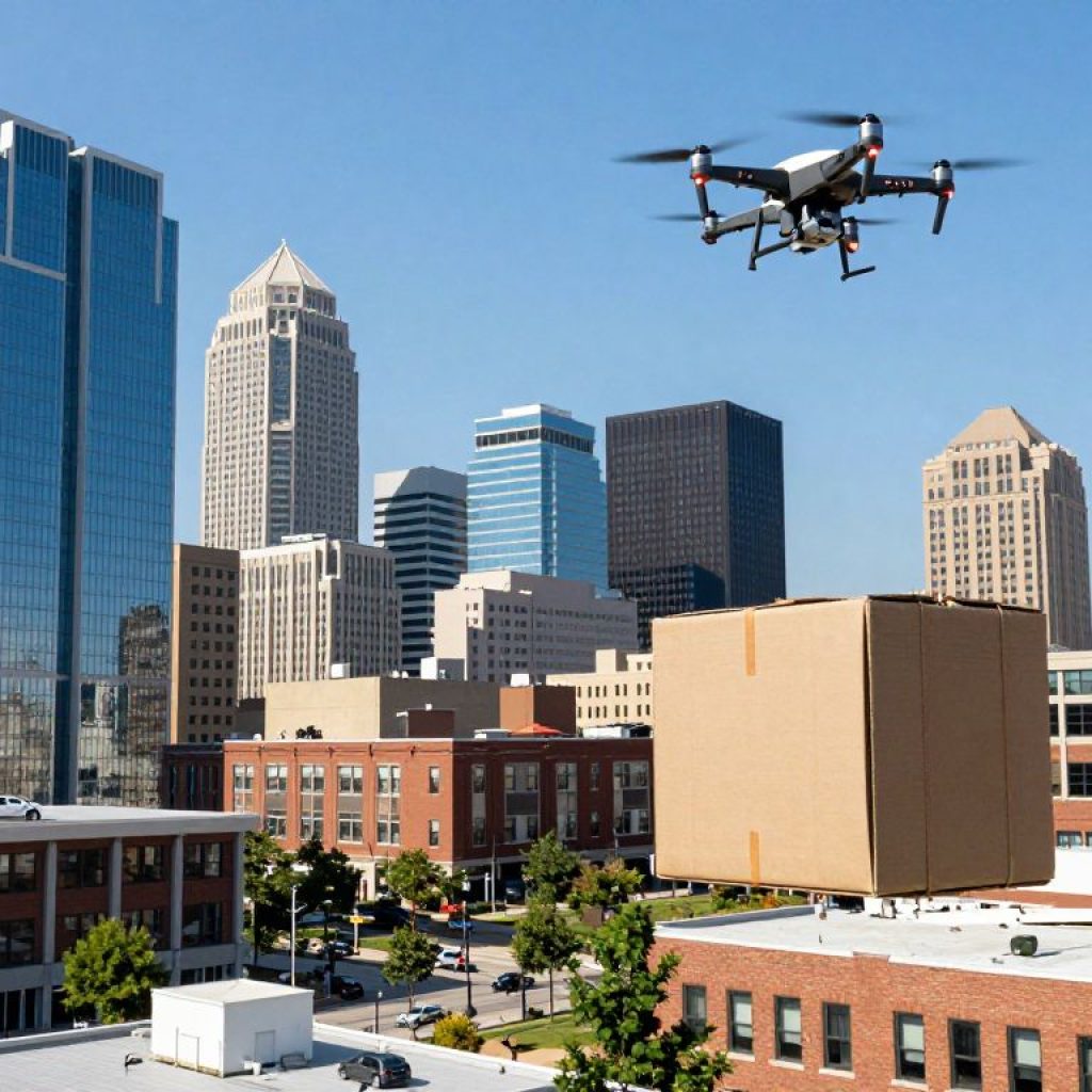 Drones delivering packages in the Kansas City skyline