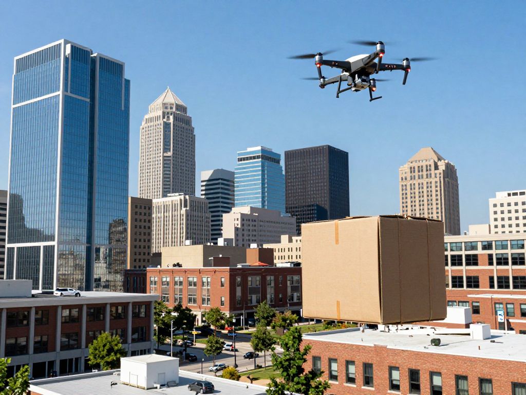 Drones delivering packages in the Kansas City skyline