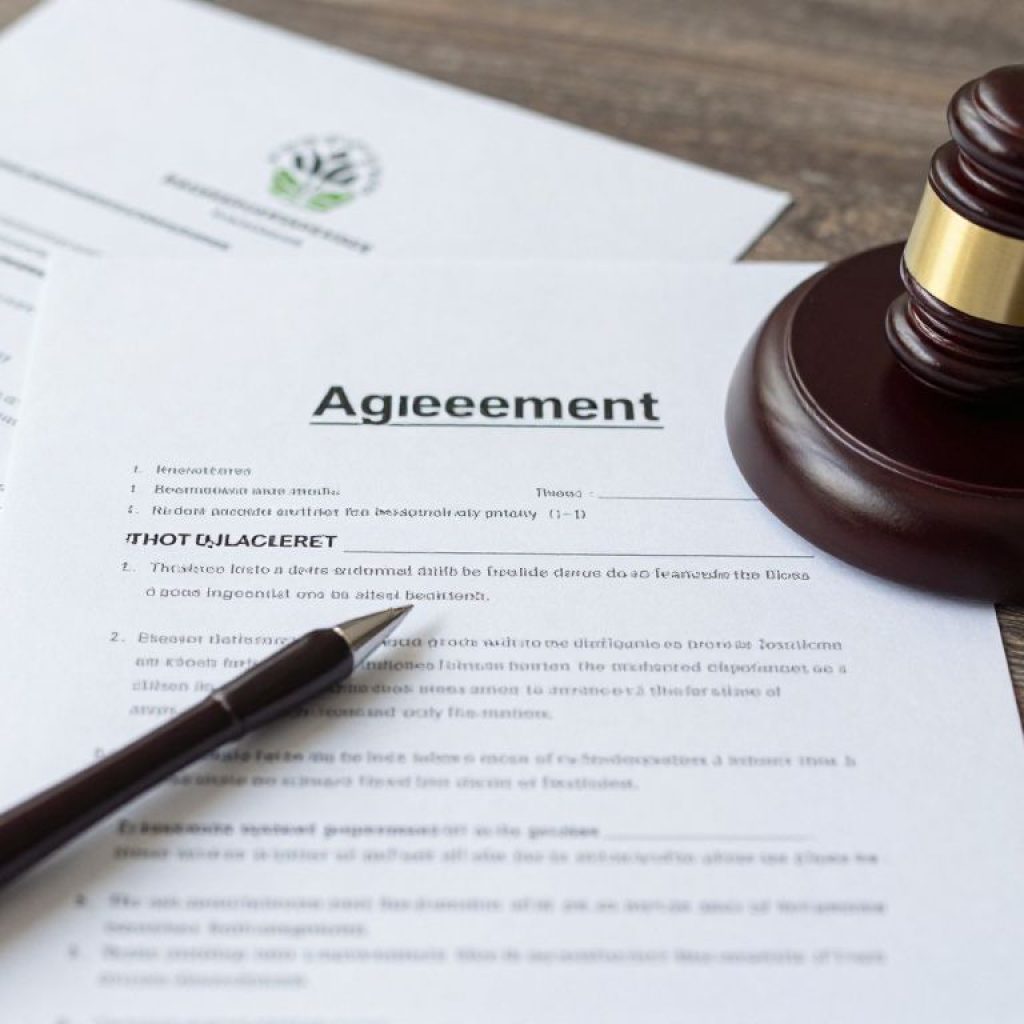 Legal settlement agreement document with agricultural symbols
