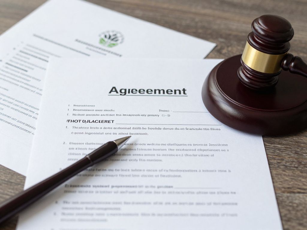 Legal settlement agreement document with agricultural symbols