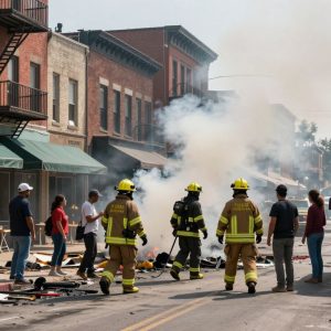 Firefighters battling a blaze in downtown Cameron, Missouri, with smoke and community members around.