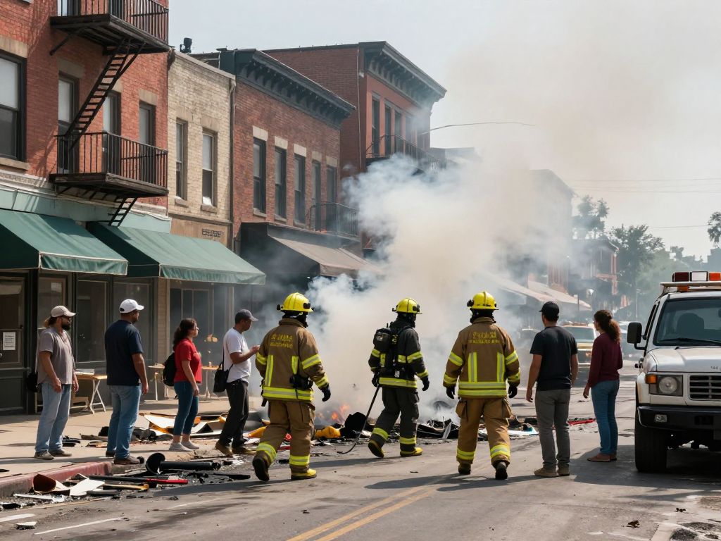 Firefighters battling a blaze in downtown Cameron, Missouri, with smoke and community members around.