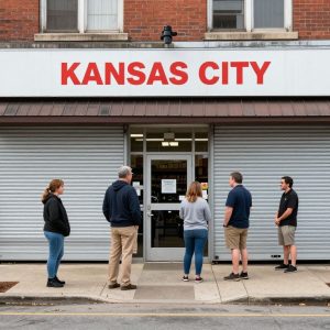 Exterior view of a closed grocery store in Westport, Kansas City.