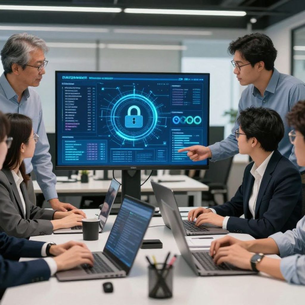 Team collaborating on cybersecurity compliance at an office