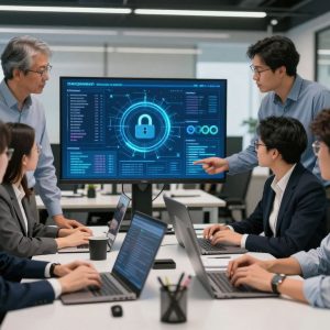 Team collaborating on cybersecurity compliance at an office