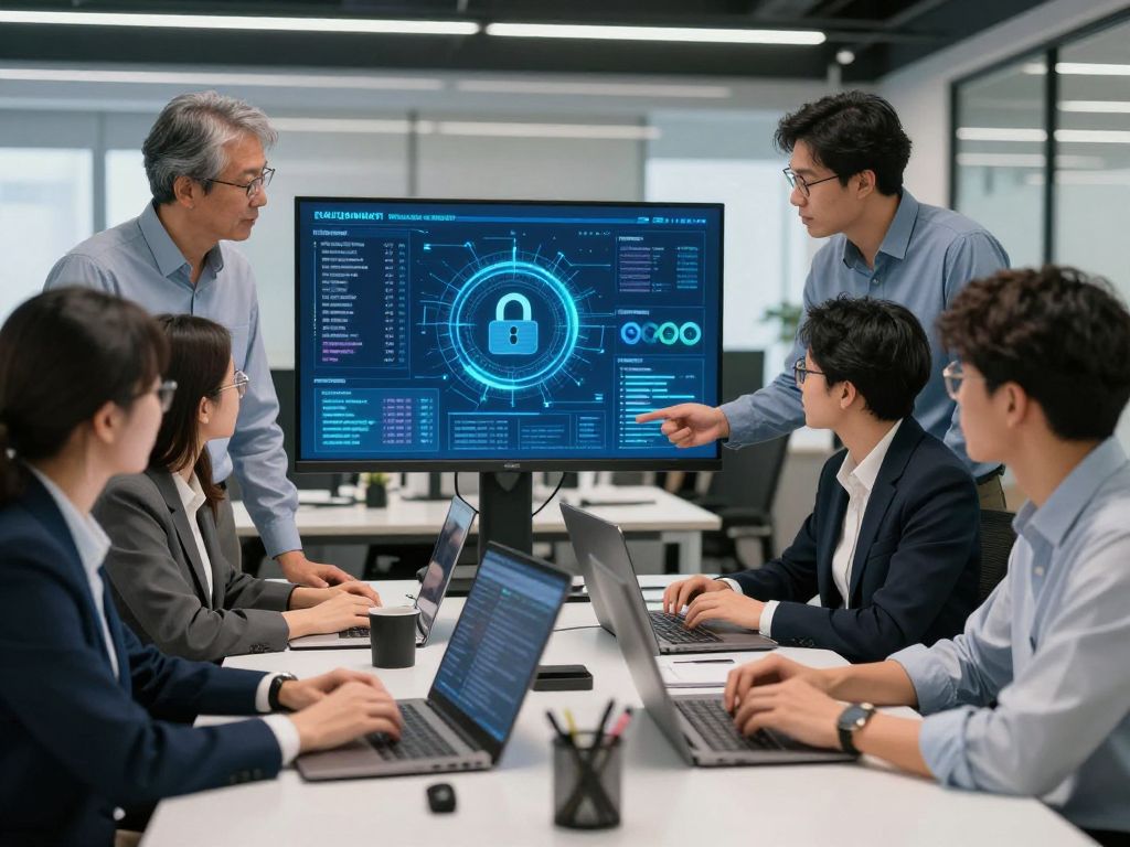 Team collaborating on cybersecurity compliance at an office