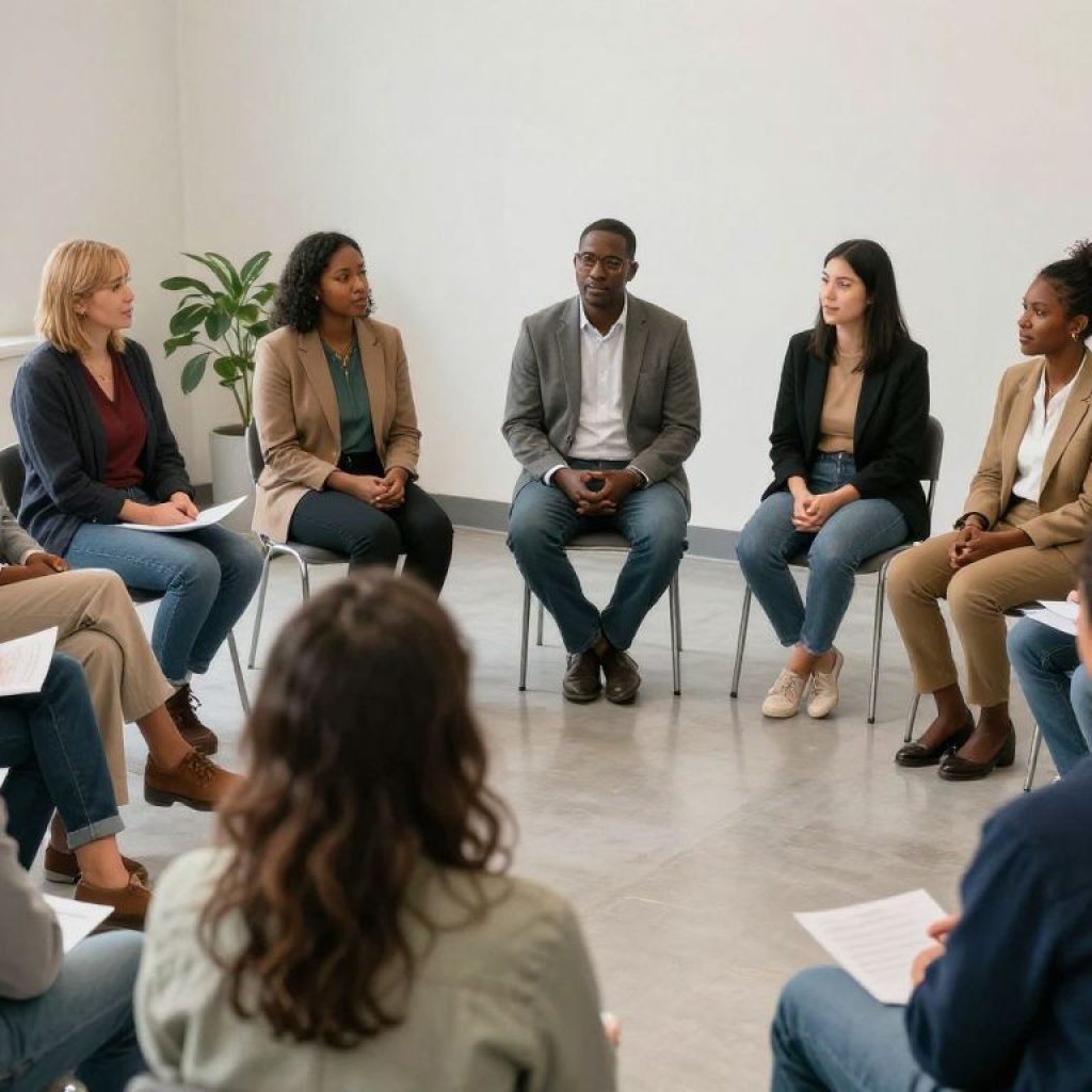 A gathering of individuals from diverse backgrounds discussing antisemitism awareness in a community setting.