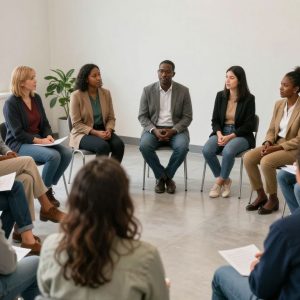 A gathering of individuals from diverse backgrounds discussing antisemitism awareness in a community setting.