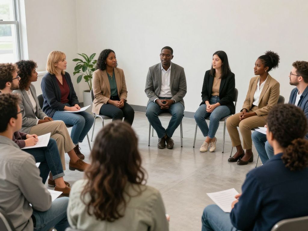 A gathering of individuals from diverse backgrounds discussing antisemitism awareness in a community setting.