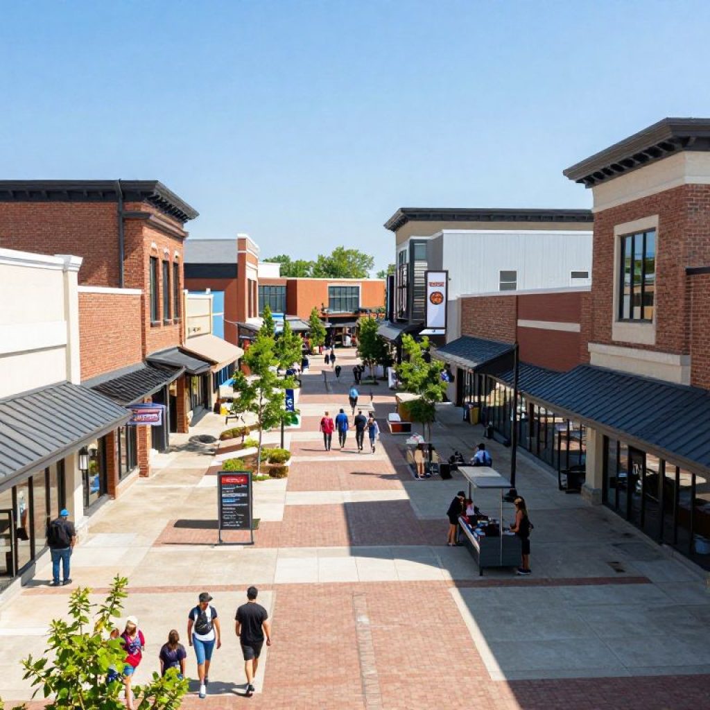A bustling retail center in Kansas City with various shops and shoppers