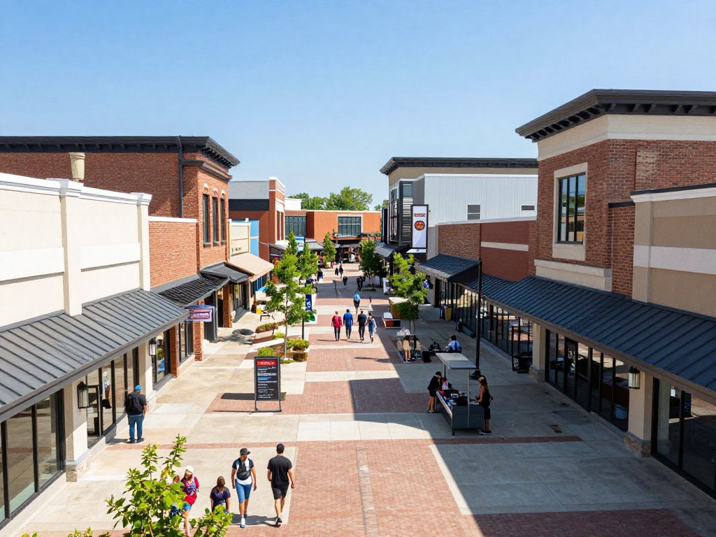 A bustling retail center in Kansas City with various shops and shoppers