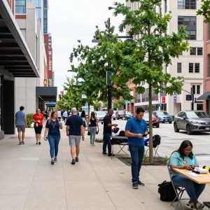 Country Club Plaza sidewalk scene with shops and visitors