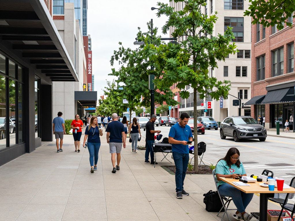 Country Club Plaza sidewalk scene with shops and visitors