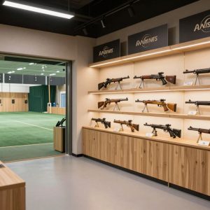 Exterior view of a firearms retailer with signage indicating new locations