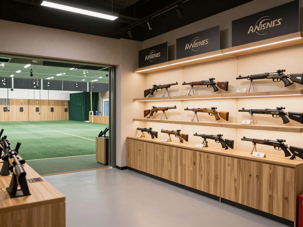 Exterior view of a firearms retailer with signage indicating new locations