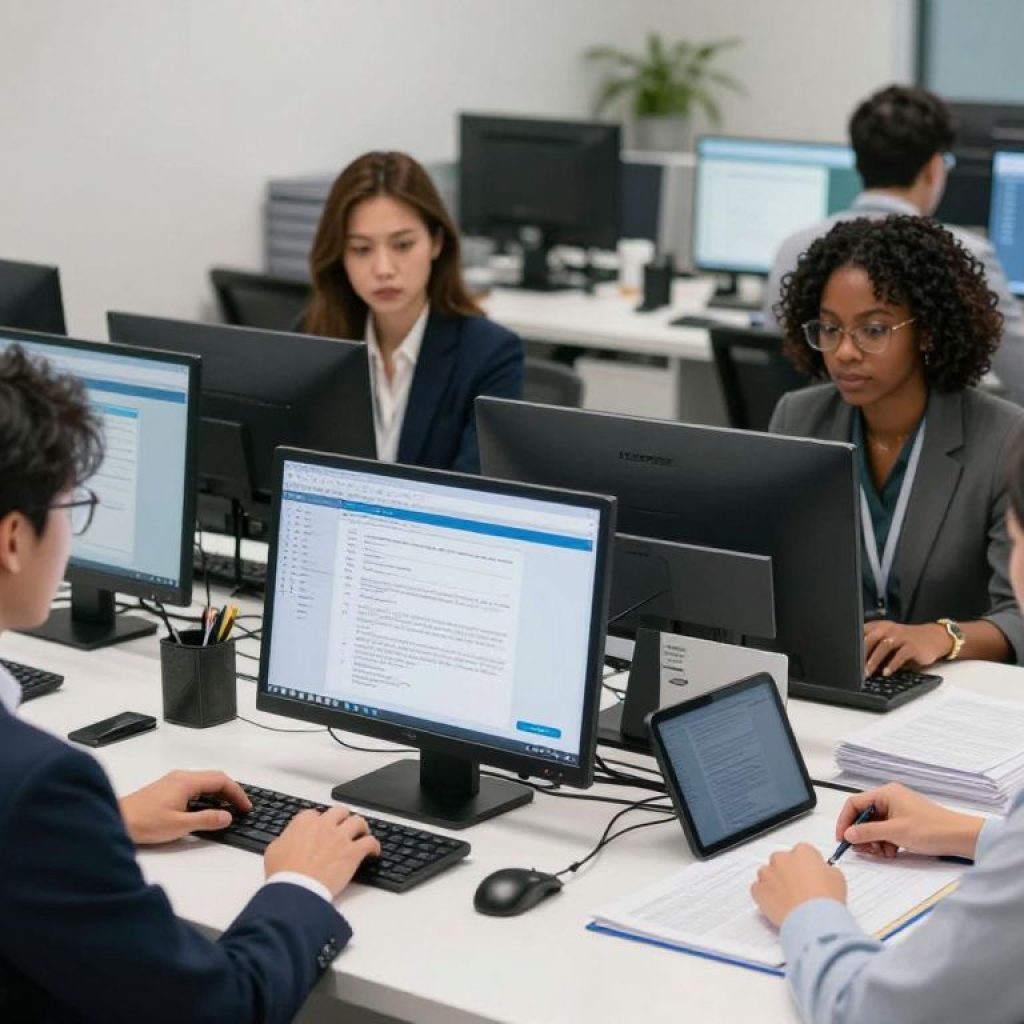 Tax professionals utilizing AI technology in a modern office setting