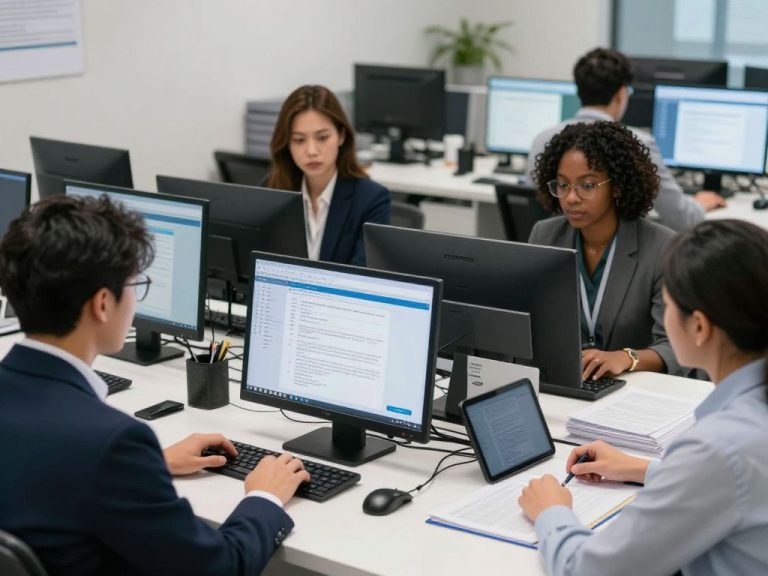 Tax professionals utilizing AI technology in a modern office setting