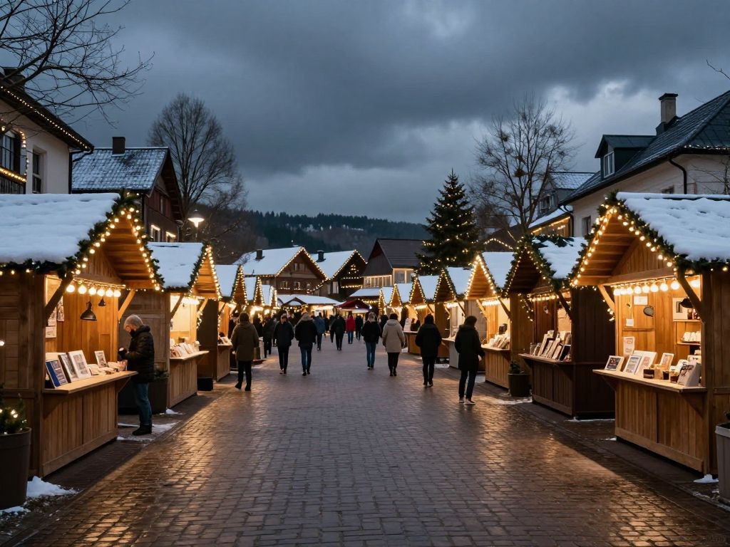 Empty holiday village stalls representing the bankruptcy of Jingle KC.
