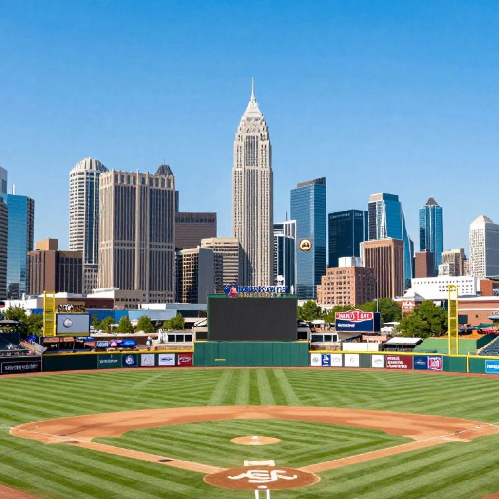 Kansas City skyline with baseball motifs