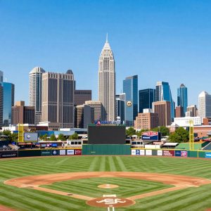 Kansas City skyline with baseball motifs