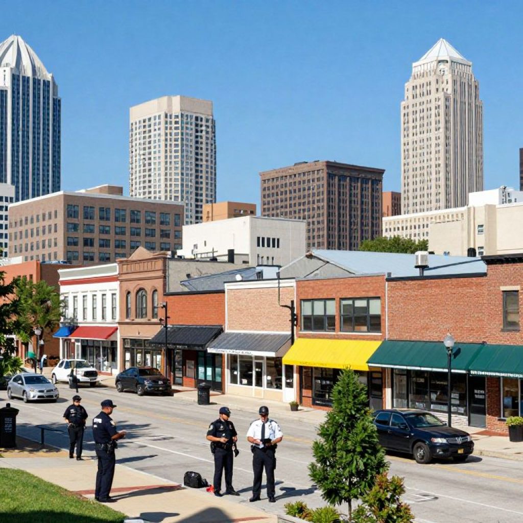 Kansas City skyline with public safety icons and small business symbols