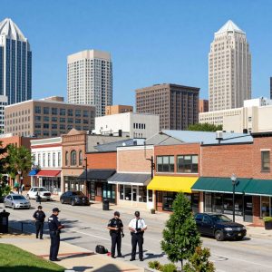 Kansas City skyline with public safety icons and small business symbols