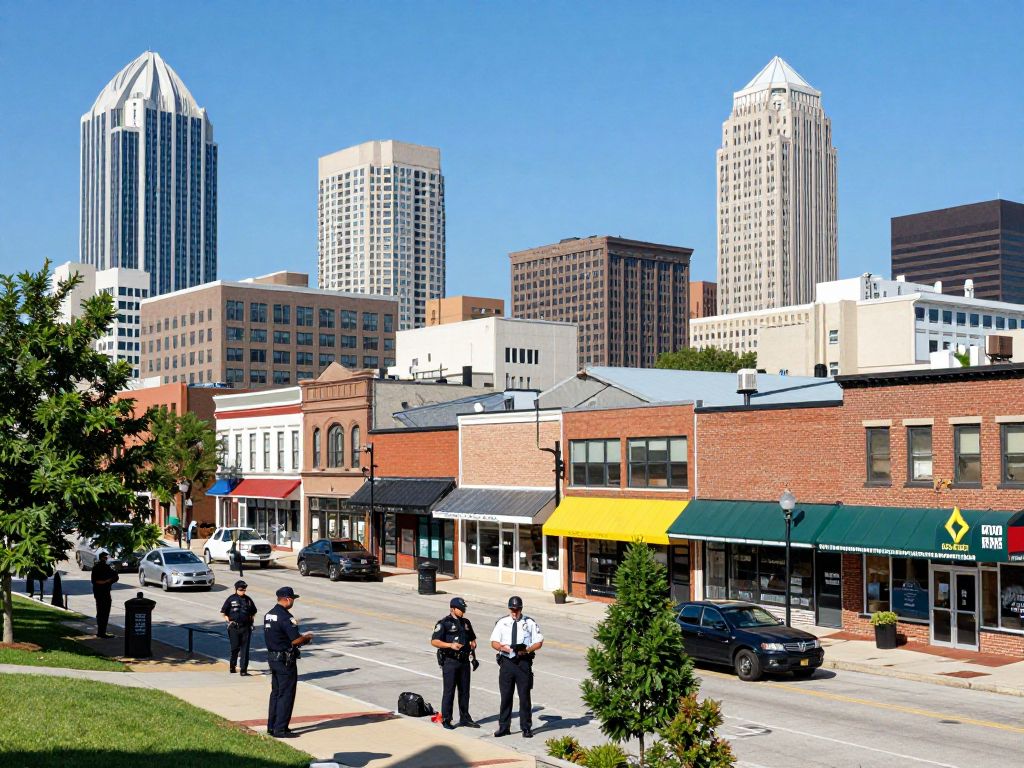 Kansas City skyline with public safety icons and small business symbols