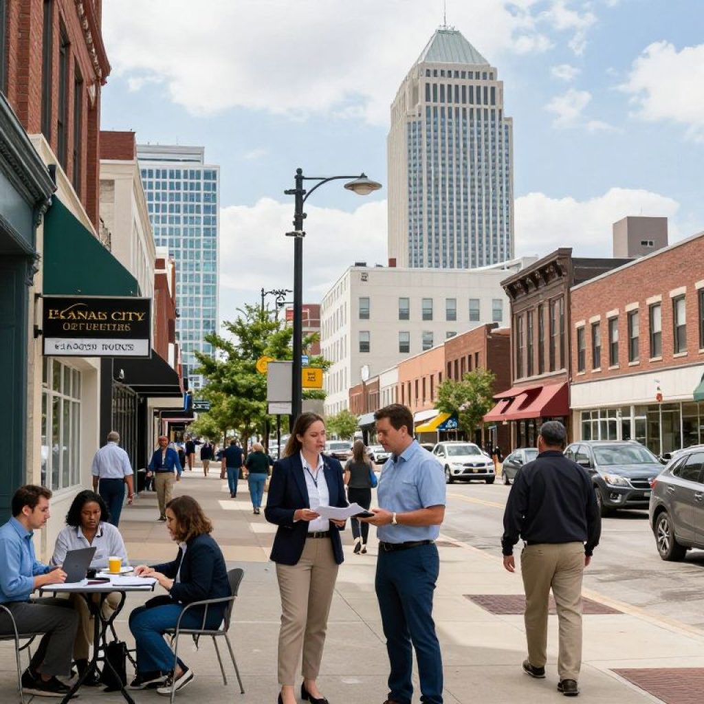 A vibrant Kansas City urban landscape illustrating business integrity