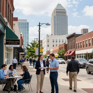 A vibrant Kansas City urban landscape illustrating business integrity