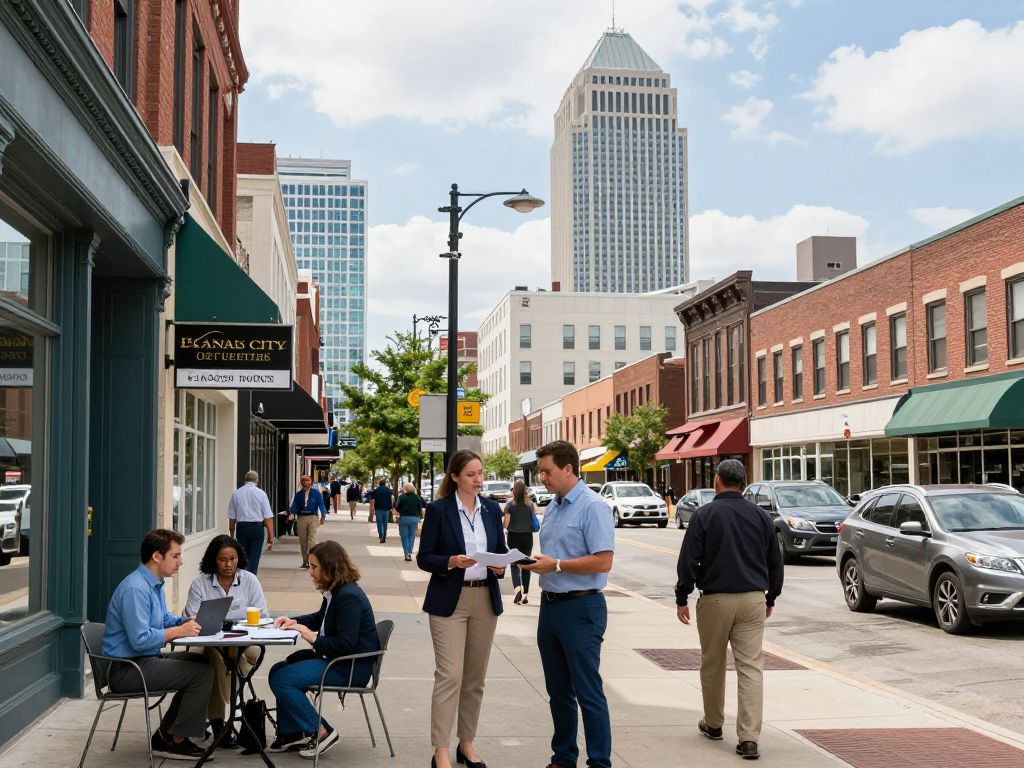 A vibrant Kansas City urban landscape illustrating business integrity