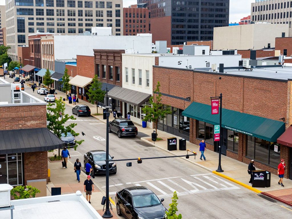 Diverse business activities in Kansas City with residents engaged in the community.