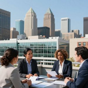 Kansas City skyline with entrepreneurs discussing and planning financial strategies.