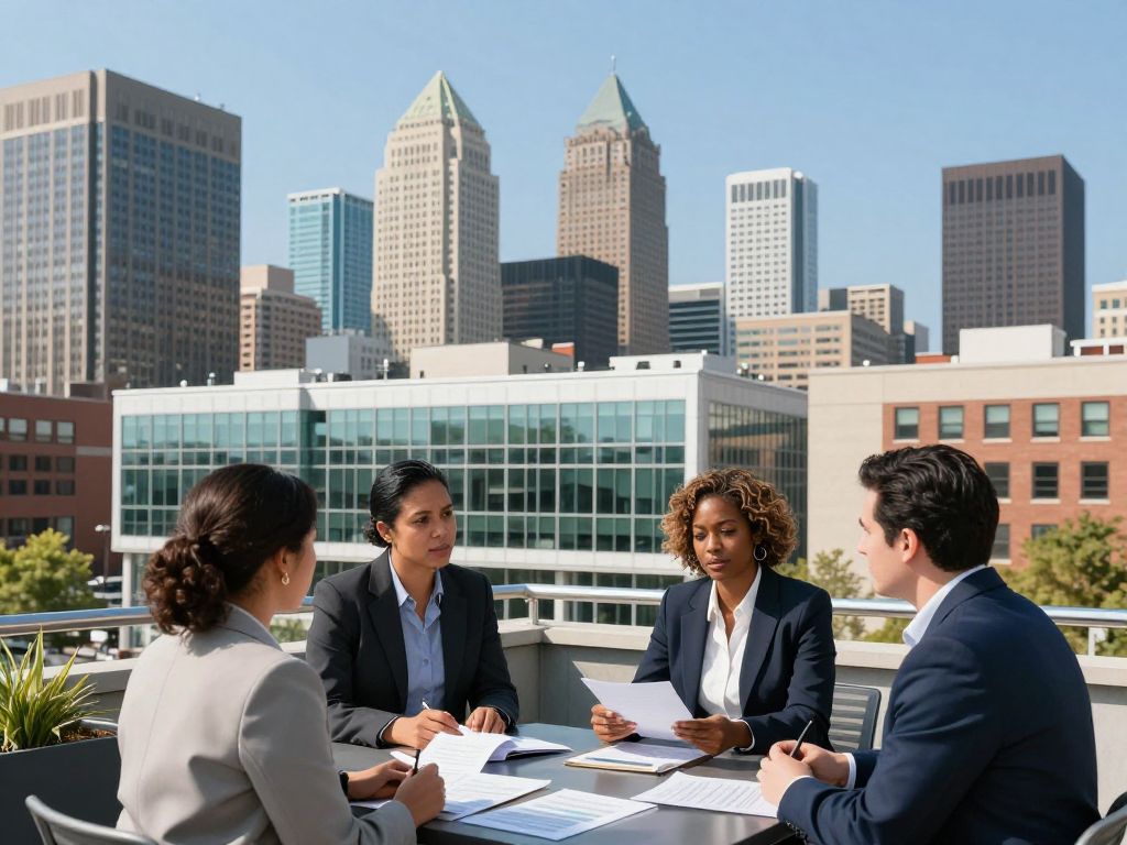 Kansas City skyline with entrepreneurs discussing and planning financial strategies.