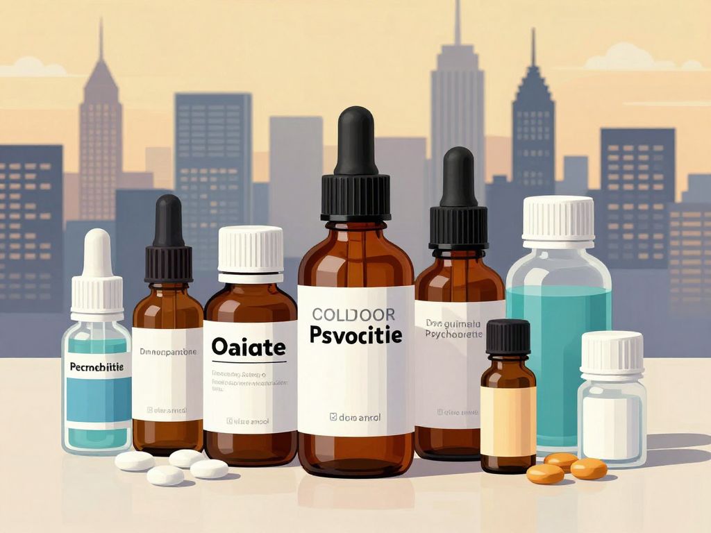 Illustration of unregulated psychoactive substances and Kansas City skyline