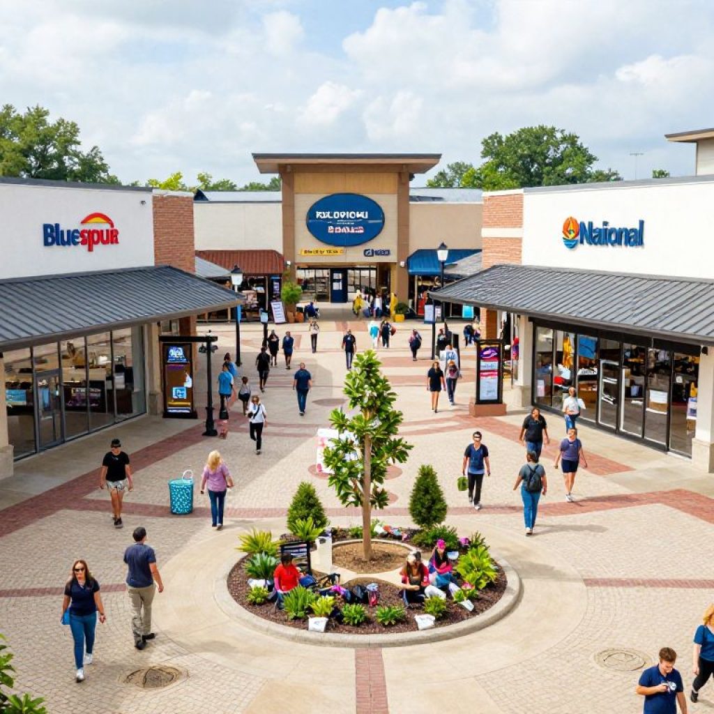 A bustling retail center in Blue Springs, Missouri with various stores and customers.