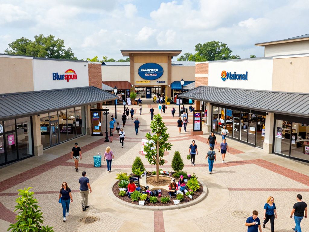 A bustling retail center in Blue Springs, Missouri with various stores and customers.