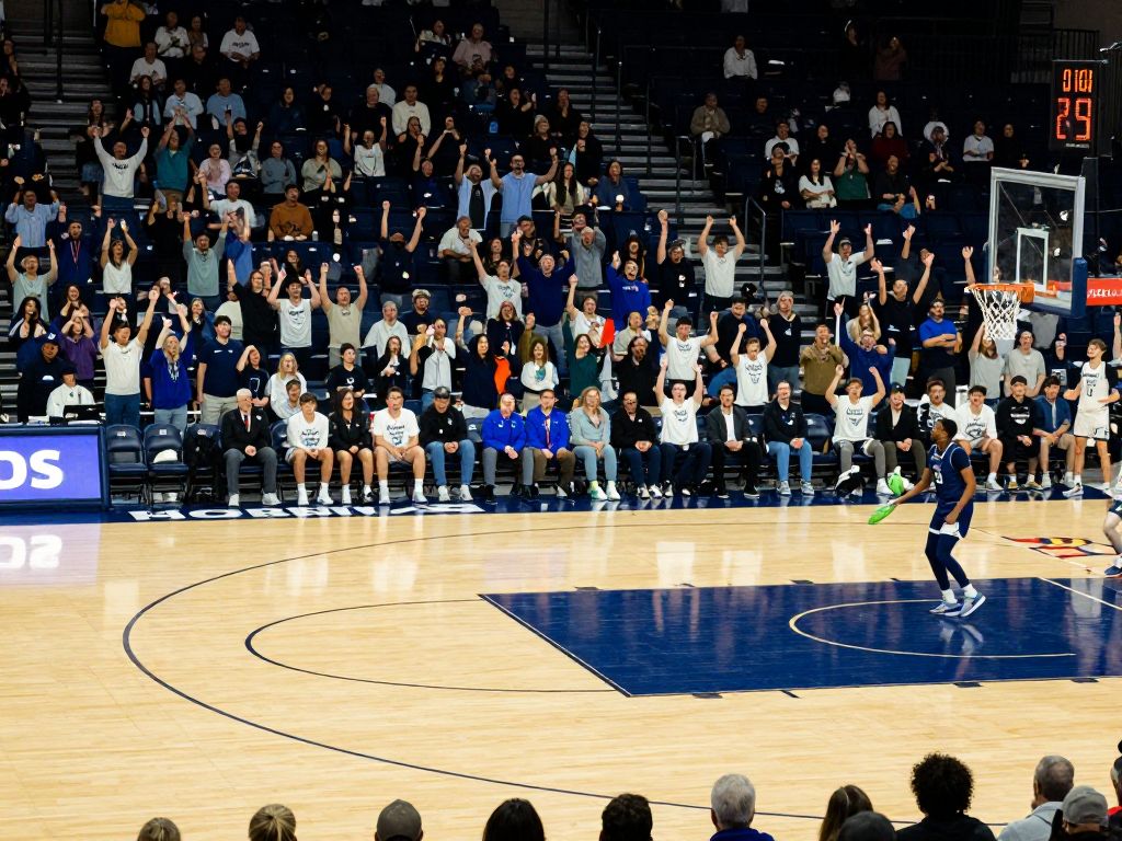 Basketball court featuring the Kansas City Roos logo and engaged fans.