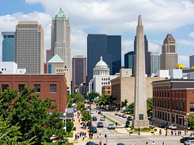 Vibrant skyline of Kansas City with modern high-rise buildings and cultural landmarks.