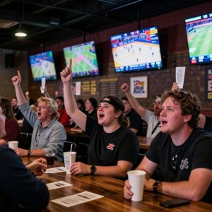 Fans gathered in a sports bar during the Super Bowl with screens showing betting odds.