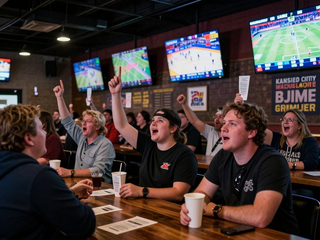 Fans gathered in a sports bar during the Super Bowl with screens showing betting odds.