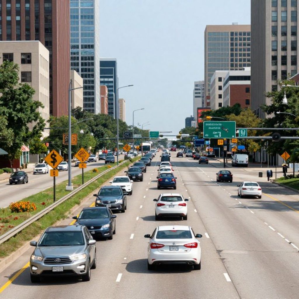 Aerial view of Kansas City traffic with vehicles on the highway