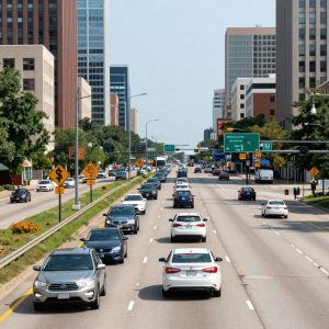 Aerial view of Kansas City traffic with vehicles on the highway