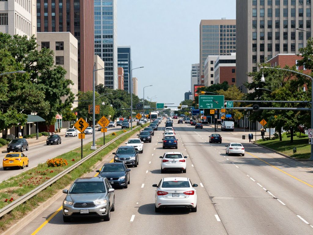 Aerial view of Kansas City traffic with vehicles on the highway