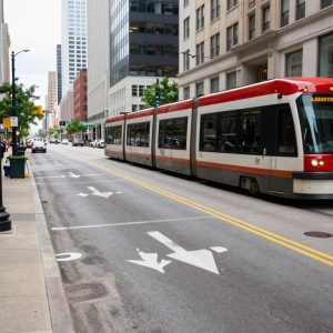 Transit-only lane along Main Street in Kansas City with streetcars.