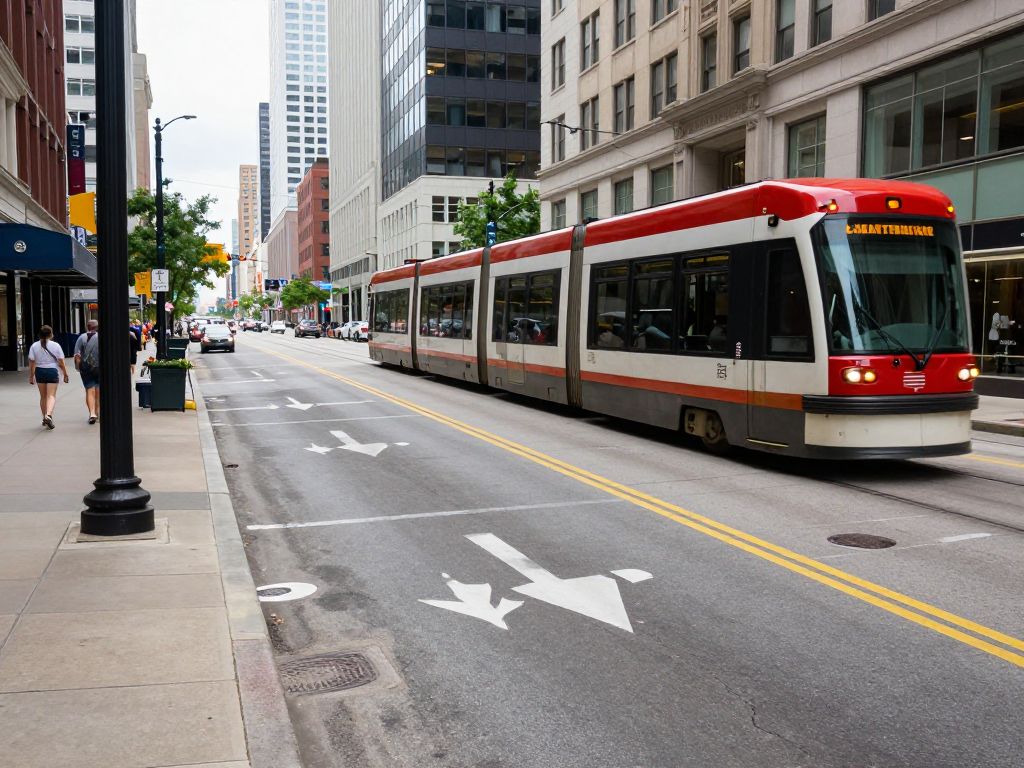 Transit-only lane along Main Street in Kansas City with streetcars.