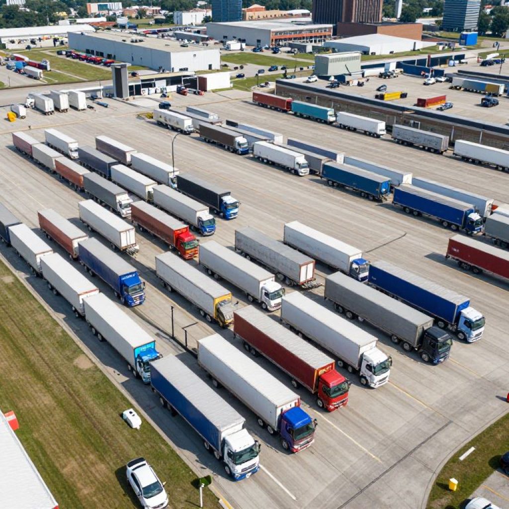 Aerial view of Kansas City logistics hub with trucks