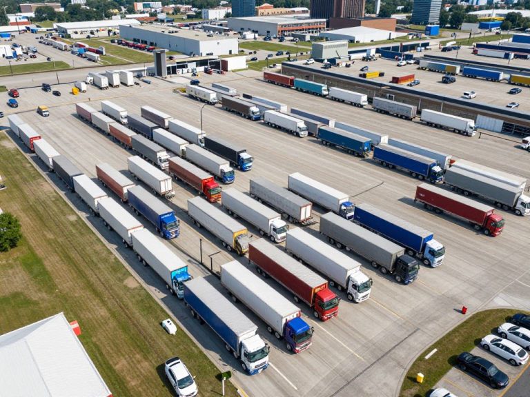 Aerial view of Kansas City logistics hub with trucks