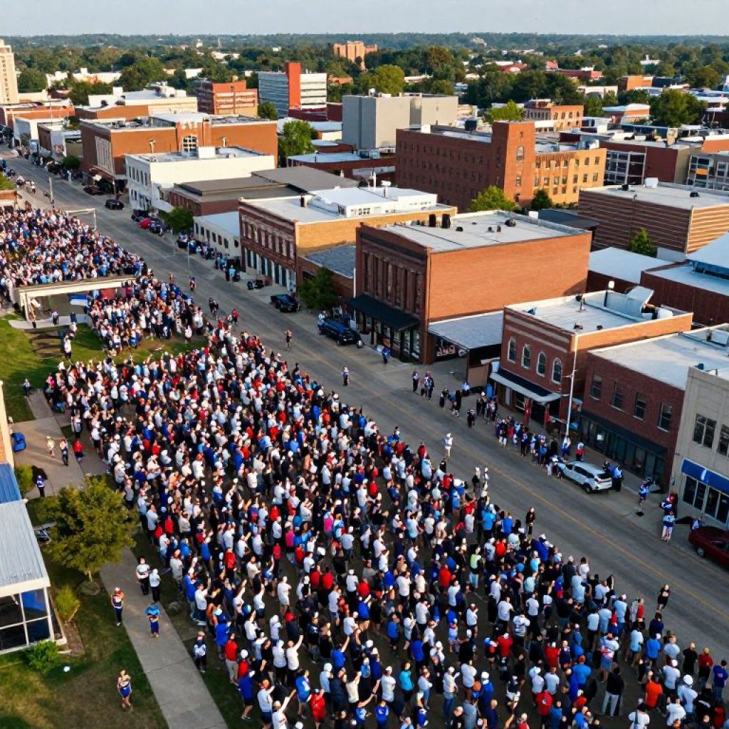 Aerial view of Kansas City with vibrant community celebrations for World Cup preparation