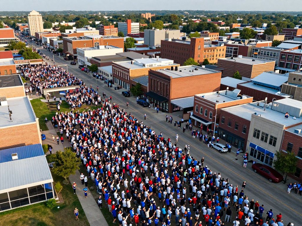 Aerial view of Kansas City with vibrant community celebrations for World Cup preparation