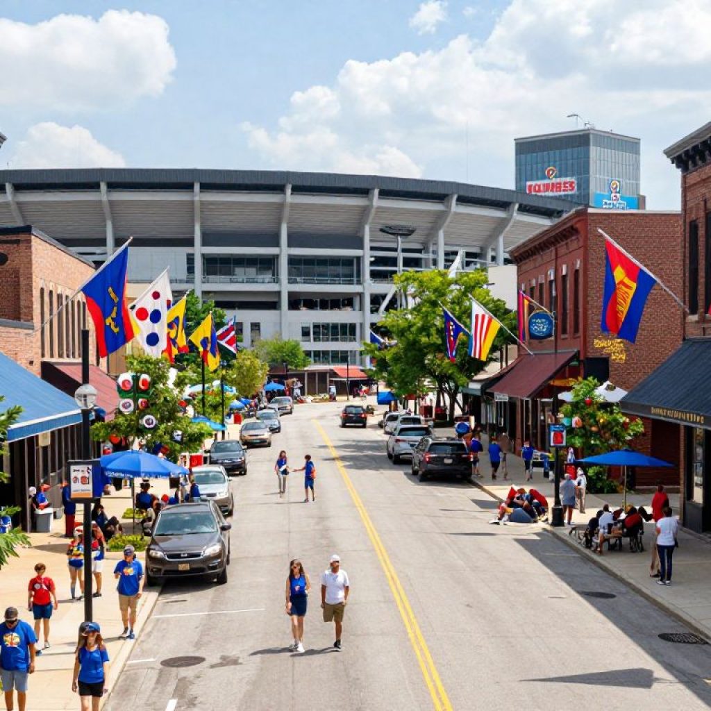 A lively street scene in Kansas City with flags and decorations for the World Cup.